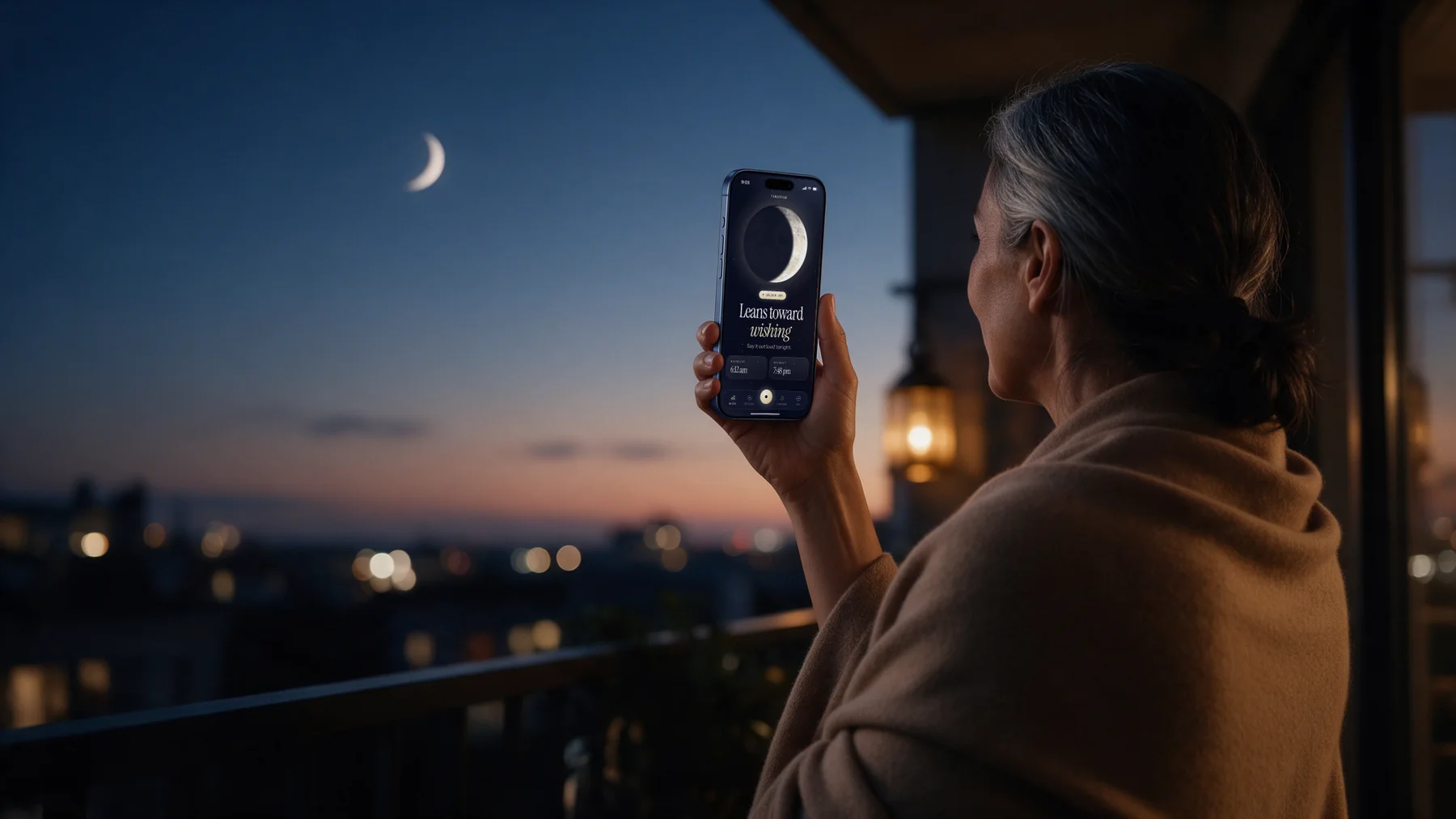 A woman on a balcony at dusk under a crescent moon, holding up Auriana’s reading for tomorrow on her phone