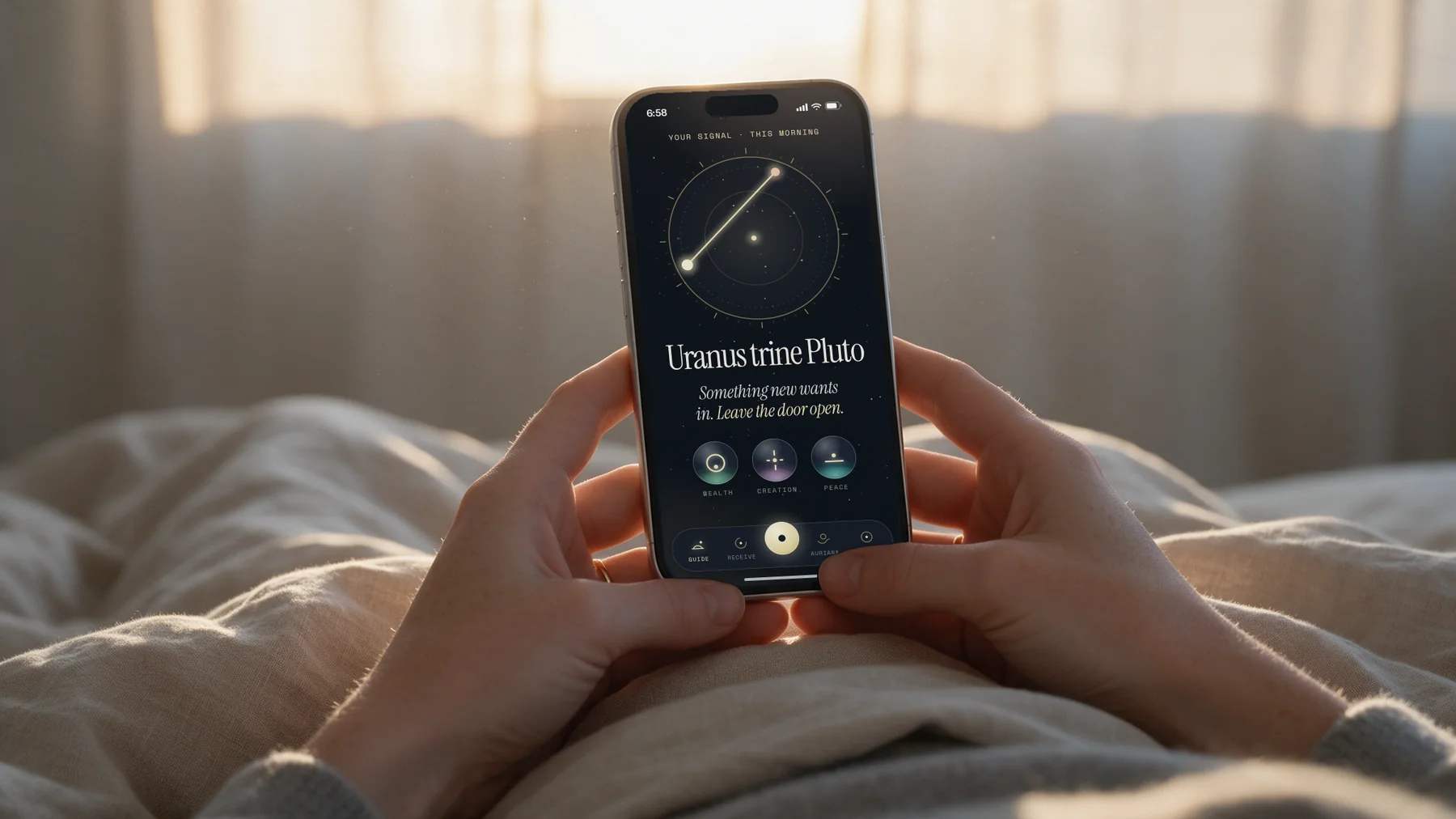 Two hands holding a phone in bed at sunrise, showing this morning’s reading from Auriana